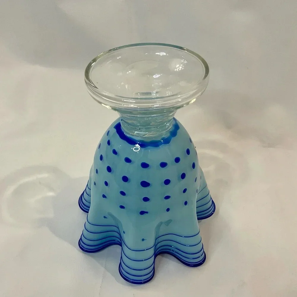 Blue Polka Dot & Stripped Blown Glass Fluted Ruffle Vase Handmade Unique